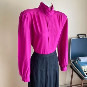 Vintage Jonquil by Judy Bond Size 16 Hot Pink Mockneck Long Sleeve Blouse
